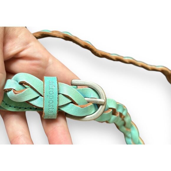 Y2K Aeropostale Turquoise Leather Braided Adjustable Silver Buckle Belt Western - Picture 3 of 4